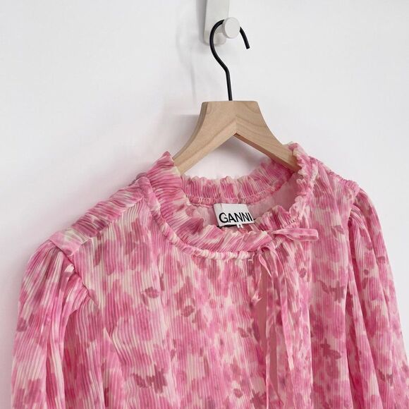Ganni Floral Print Plisse Balloon Sleeve Georgette Blouse Floral Pink 36 US 0 - Picture 4 of 9